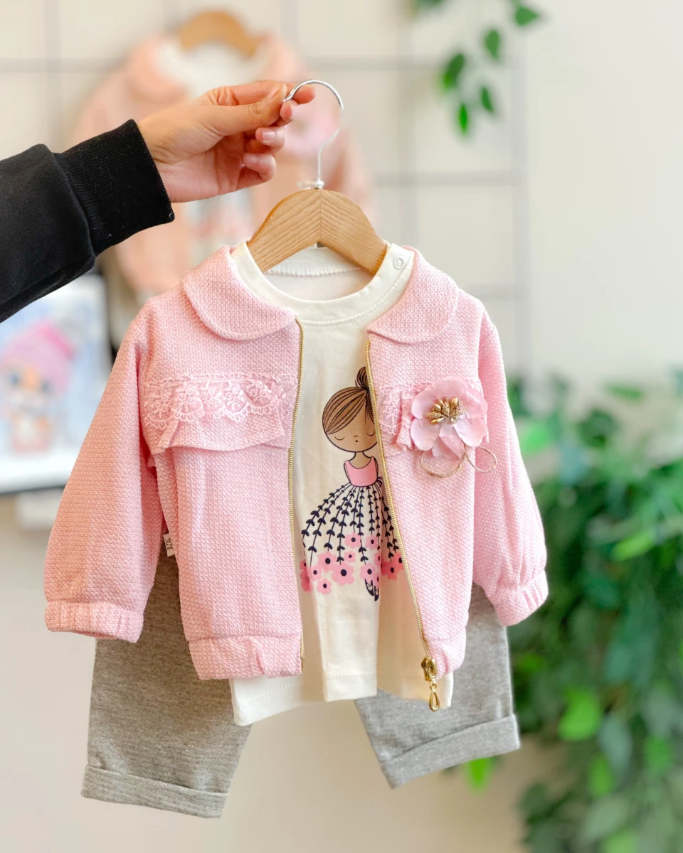 Çiçek broşlu simli bebe yaka hırkalı mevsimlik 3 parça takım