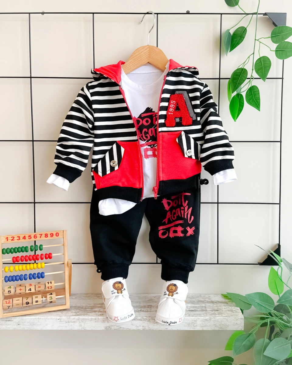 Do it again baskılı çizgi detaylı kapüşonlu mevsimlik 3 parça takım