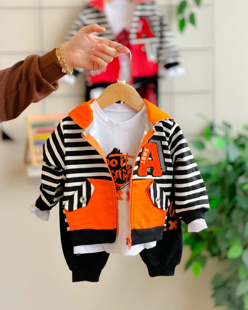 Do it again baskılı çizgi detaylı kapüşonlu mevsimlik 3 parça takım