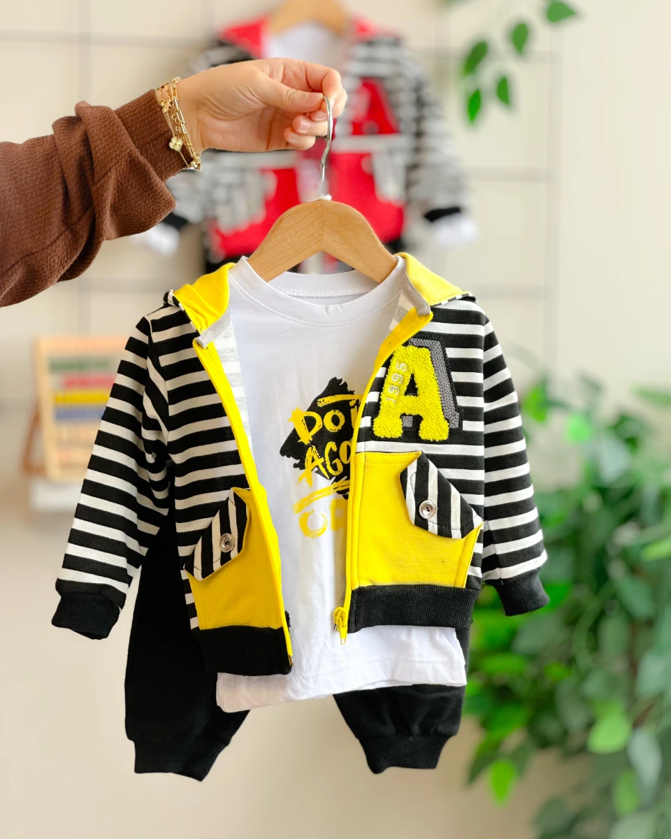 Do it again baskılı çizgi detaylı kapüşonlu mevsimlik 3 parça takım