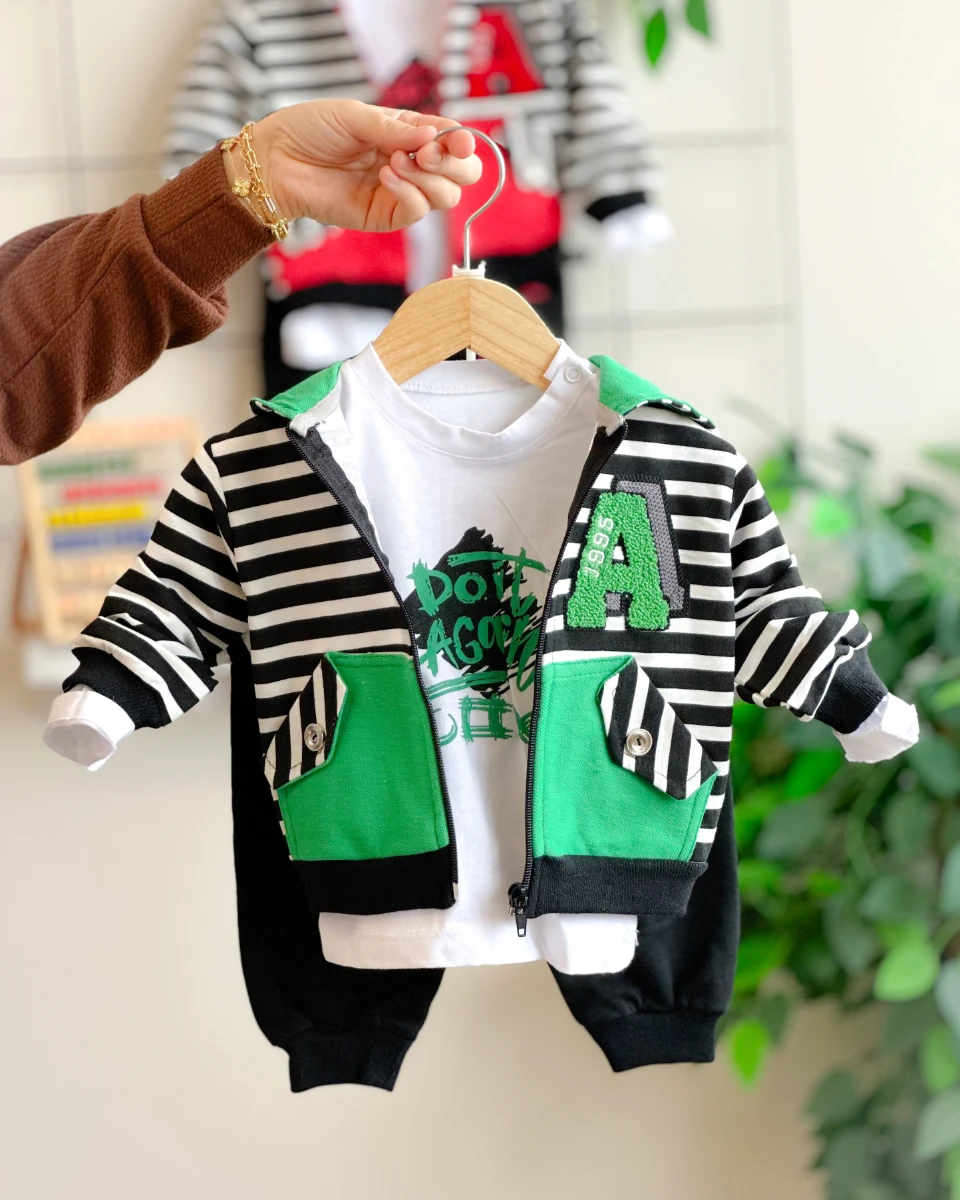 Do it again baskılı çizgi detaylı kapüşonlu mevsimlik 3 parça takım