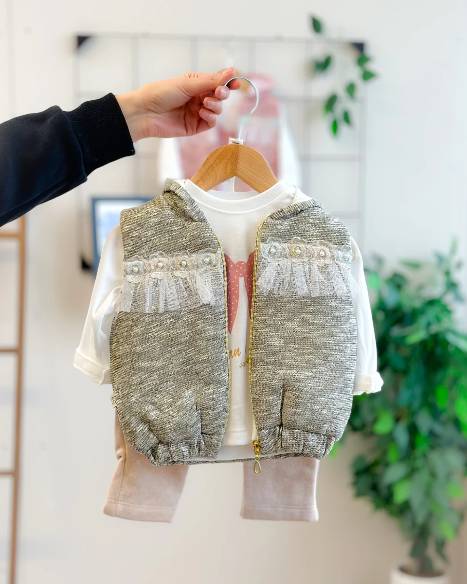 İnci çiçek detaylı belden büzgülü simli kapüşon yelekli 3 lü takım