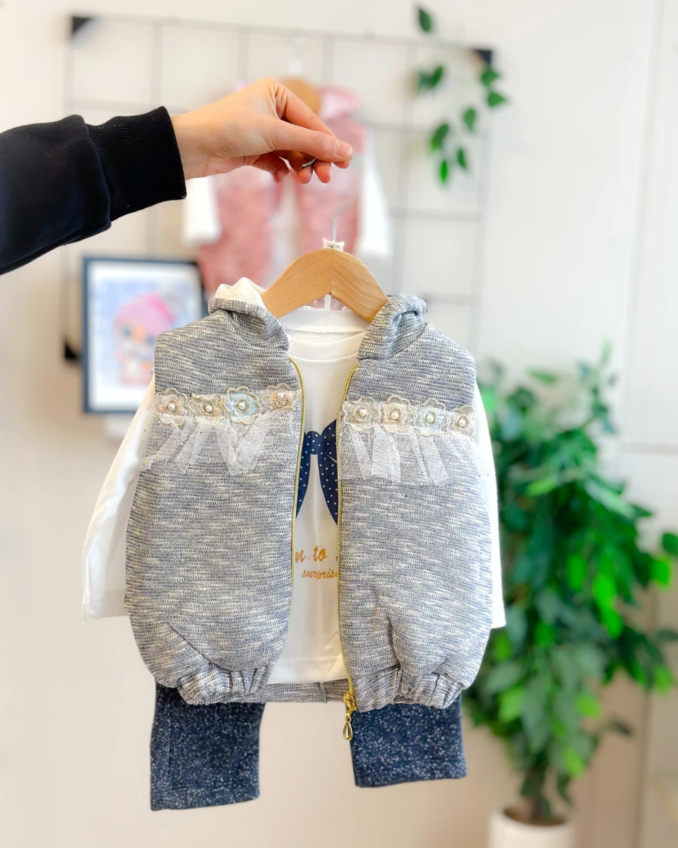 İnci çiçek detaylı belden büzgülü simli kapüşon yelekli 3 lü takım