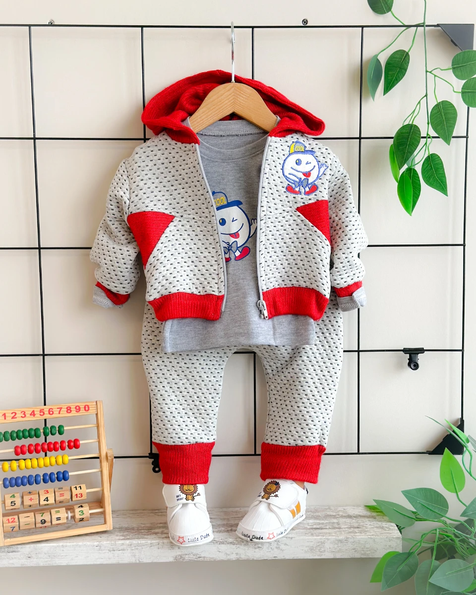 Örgü detaylı kapüşon hırkalı mevsimlik 3 parça takım