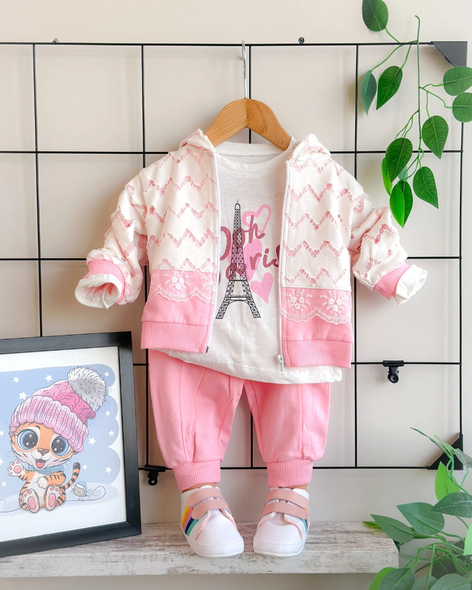 Paris baskılı dantel şerit detaylı kapüşon hırkalı mevsimlik 3 parça takım