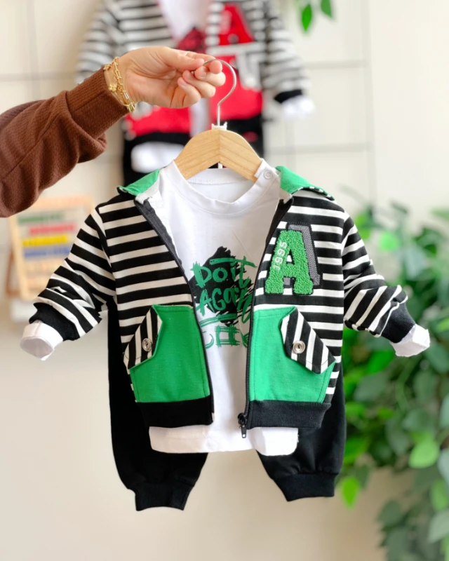 Do it again baskılı çizgi detaylı kapüşonlu mevsimlik 3 parça takım