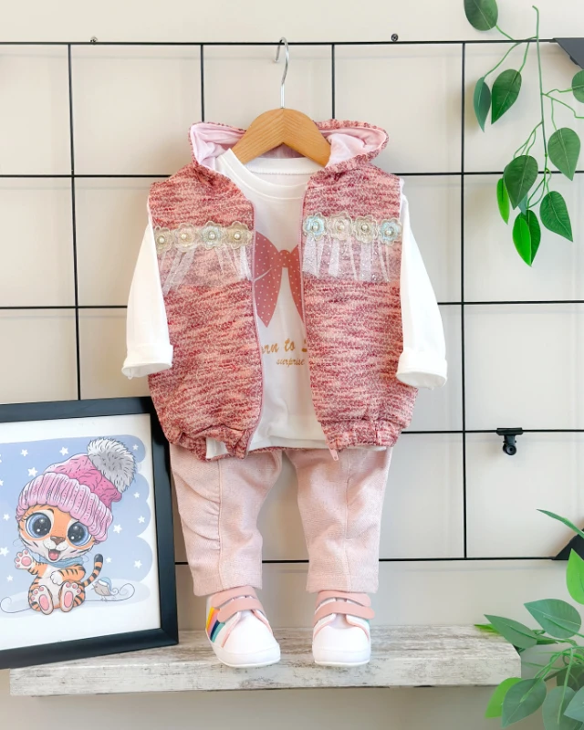 İnci çiçek detaylı belden büzgülü simli kapüşon yelekli 3 lü takım