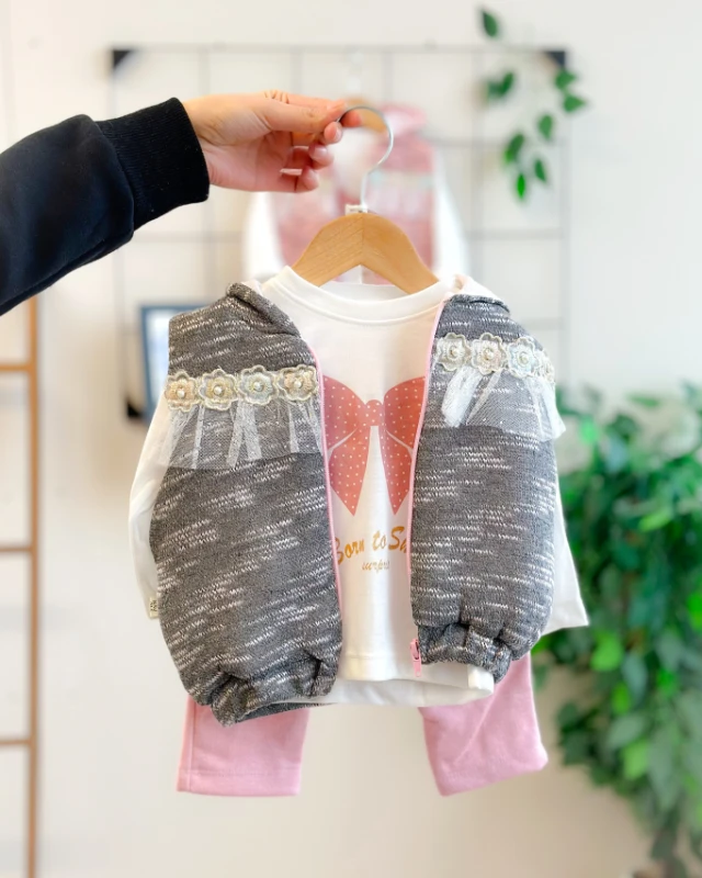 İnci çiçek detaylı belden büzgülü simli kapüşon yelekli 3 lü takım