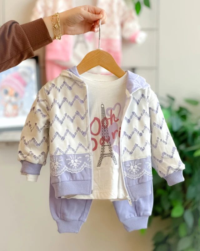 Paris baskılı dantel şerit detaylı kapüşon hırkalı mevsimlik 3 parça takım