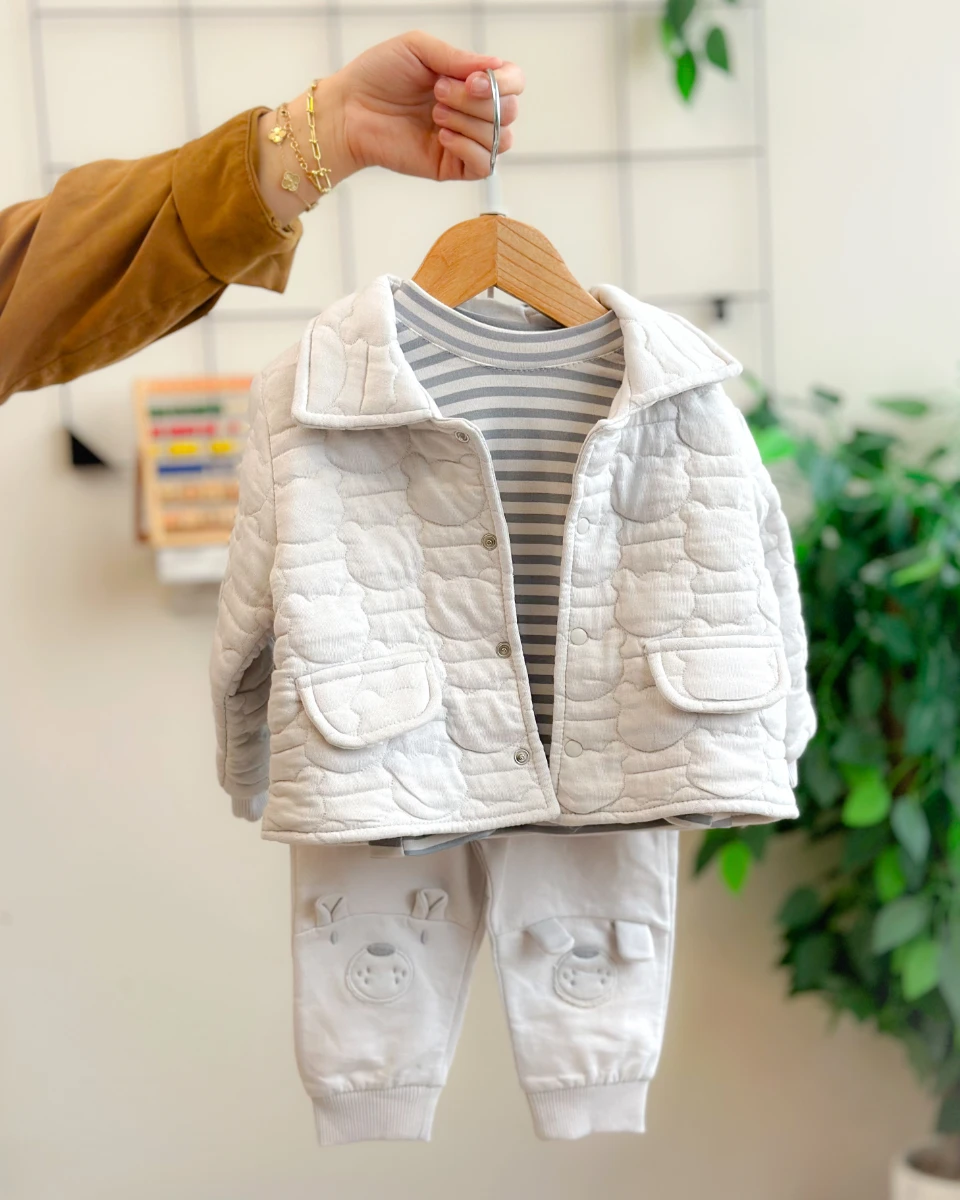 Ayıcık kabartma önden çıtçıt ceketli çizgili sweatli mevsimlik 3lü takım 