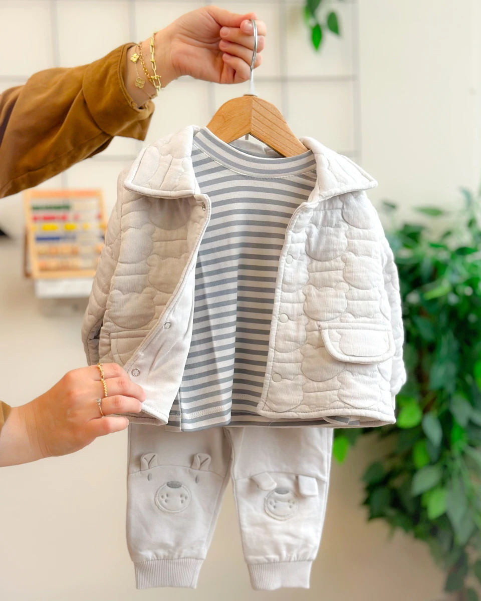 Ayıcık kabartma önden çıtçıt ceketli çizgili sweatli mevsimlik 3lü takım 