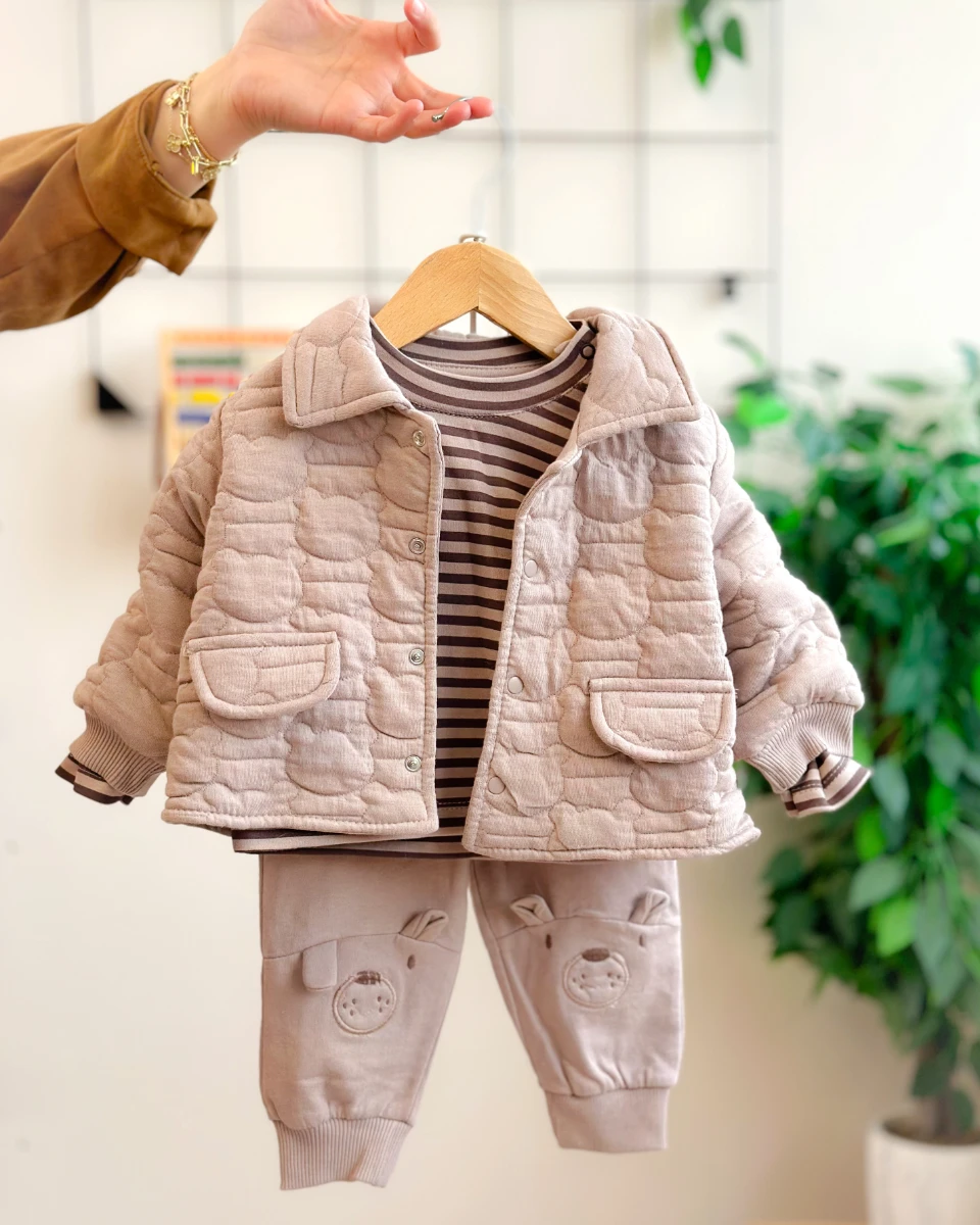 Ayıcık kabartma önden çıtçıt ceketli çizgili sweatli mevsimlik 3lü takım 