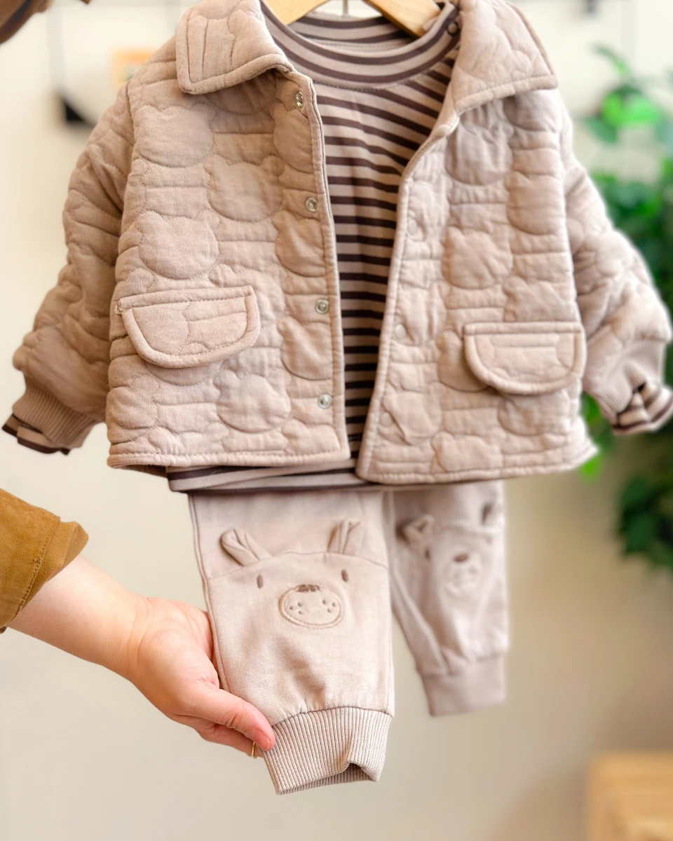 Ayıcık kabartma önden çıtçıt ceketli çizgili sweatli mevsimlik 3lü takım 