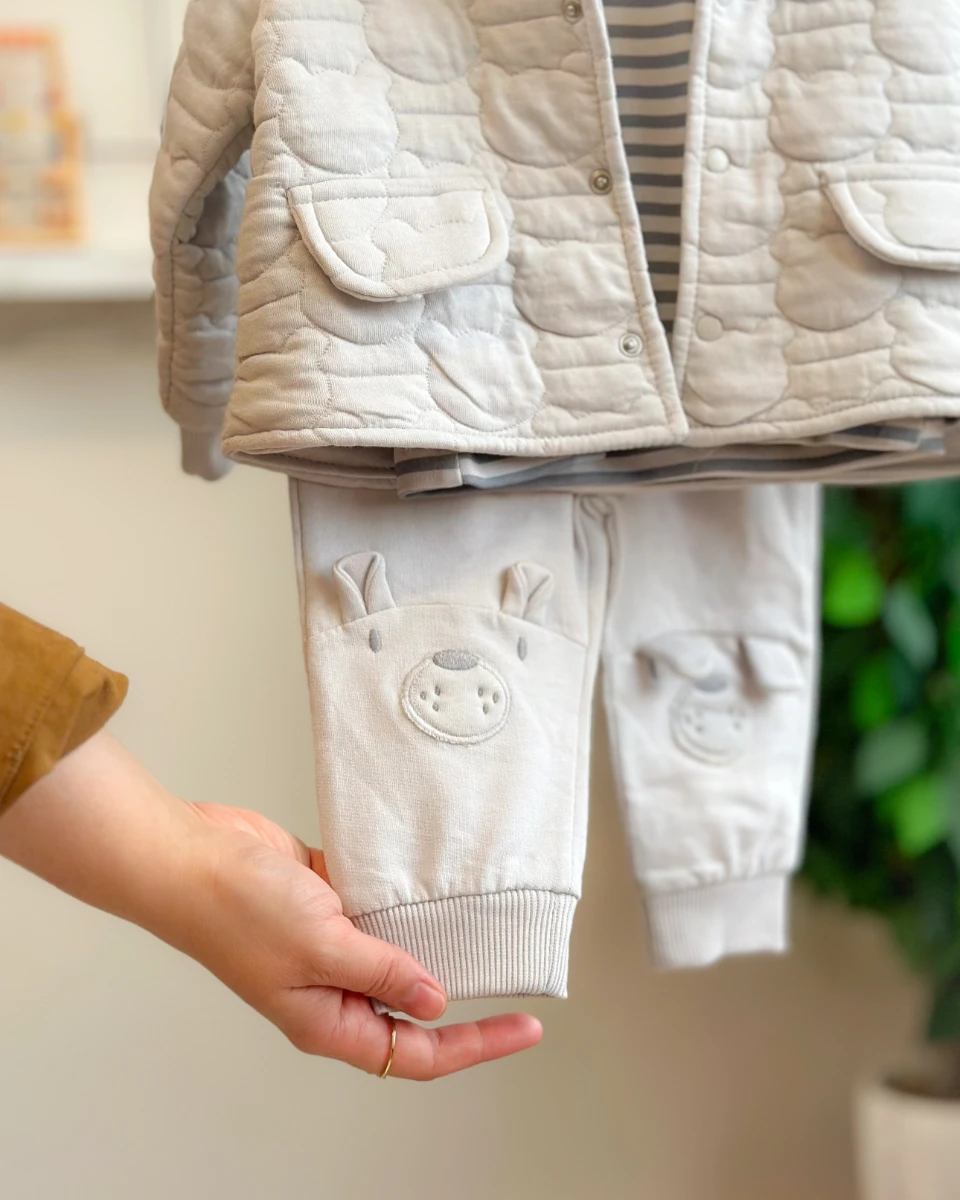 Ayıcık kabartma önden çıtçıt ceketli çizgili sweatli mevsimlik 3lü takım 