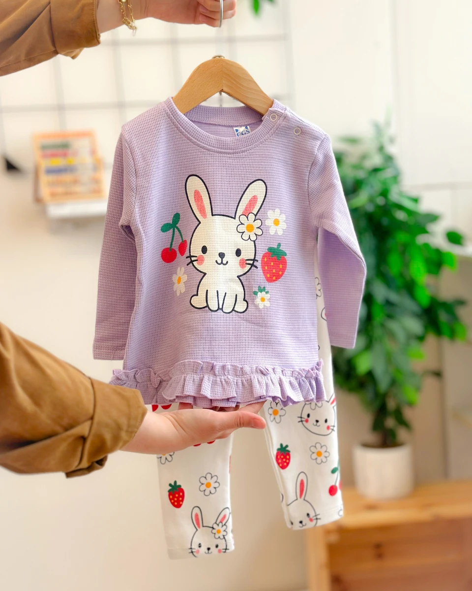 Papatya tavşan baskılı omuzdan çıtçıtlı mevsimlik 2li takım