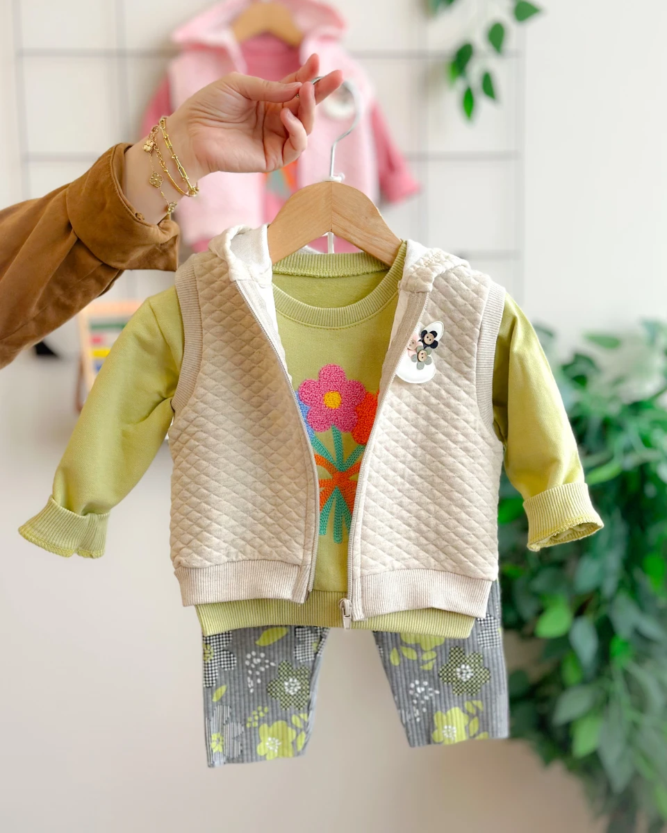 Renkli papatya ve kurdela punch kapüşon yelekli mevsimlik 3 parça takım