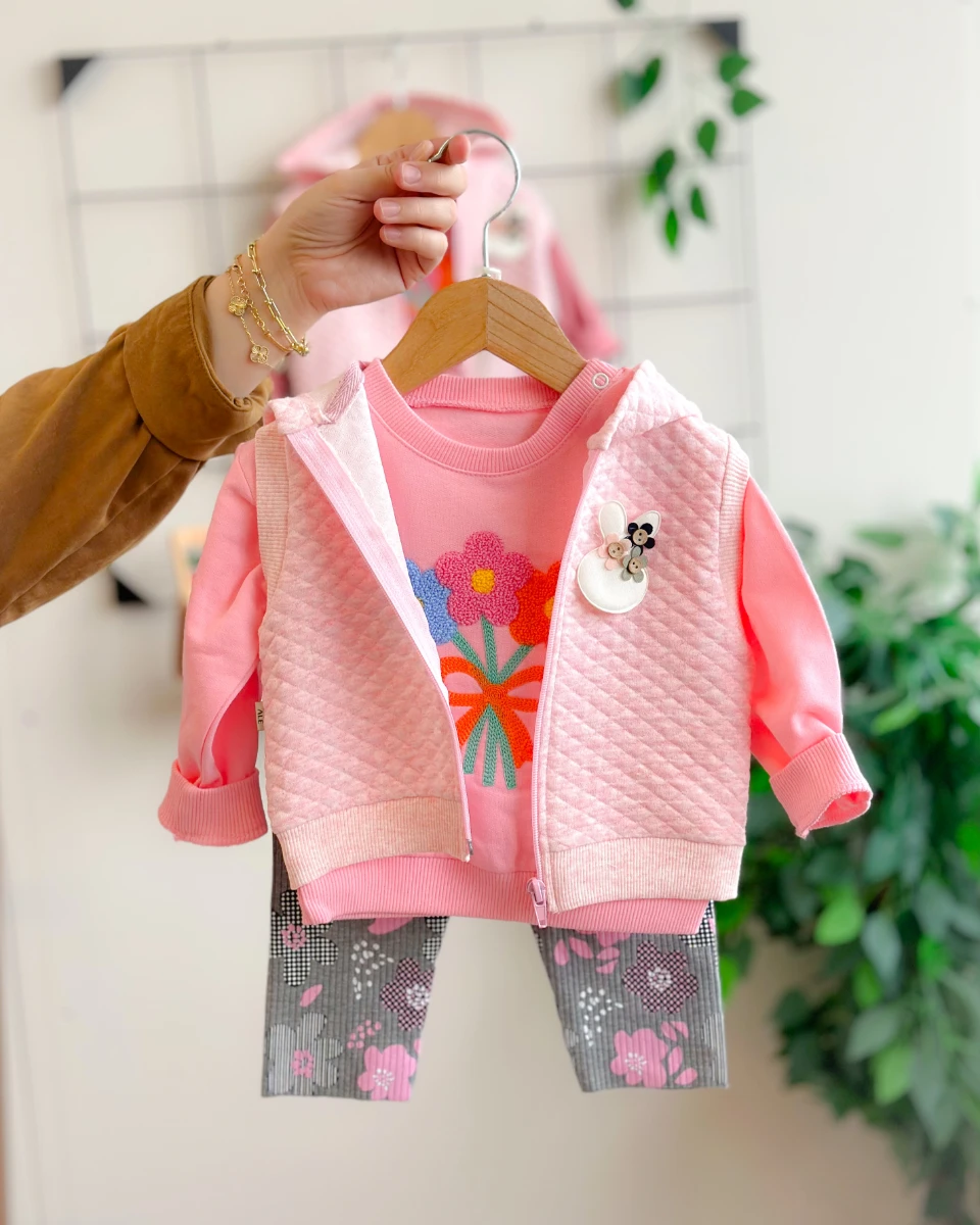 Renkli papatya ve kurdela punch kapüşon yelekli mevsimlik 3 parça takım