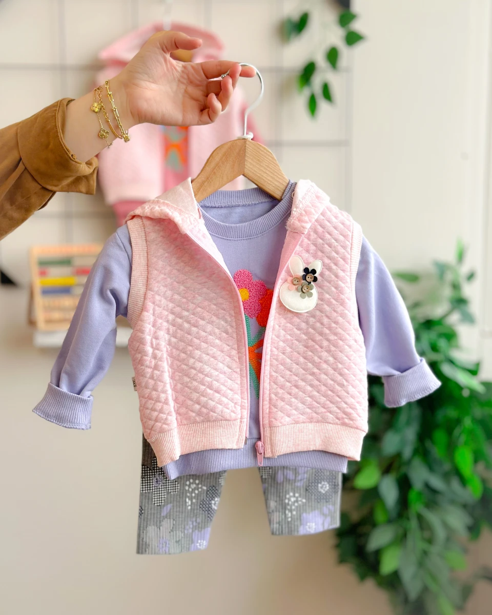 Renkli papatya ve kurdela punch kapüşon yelekli mevsimlik 3 parça takım