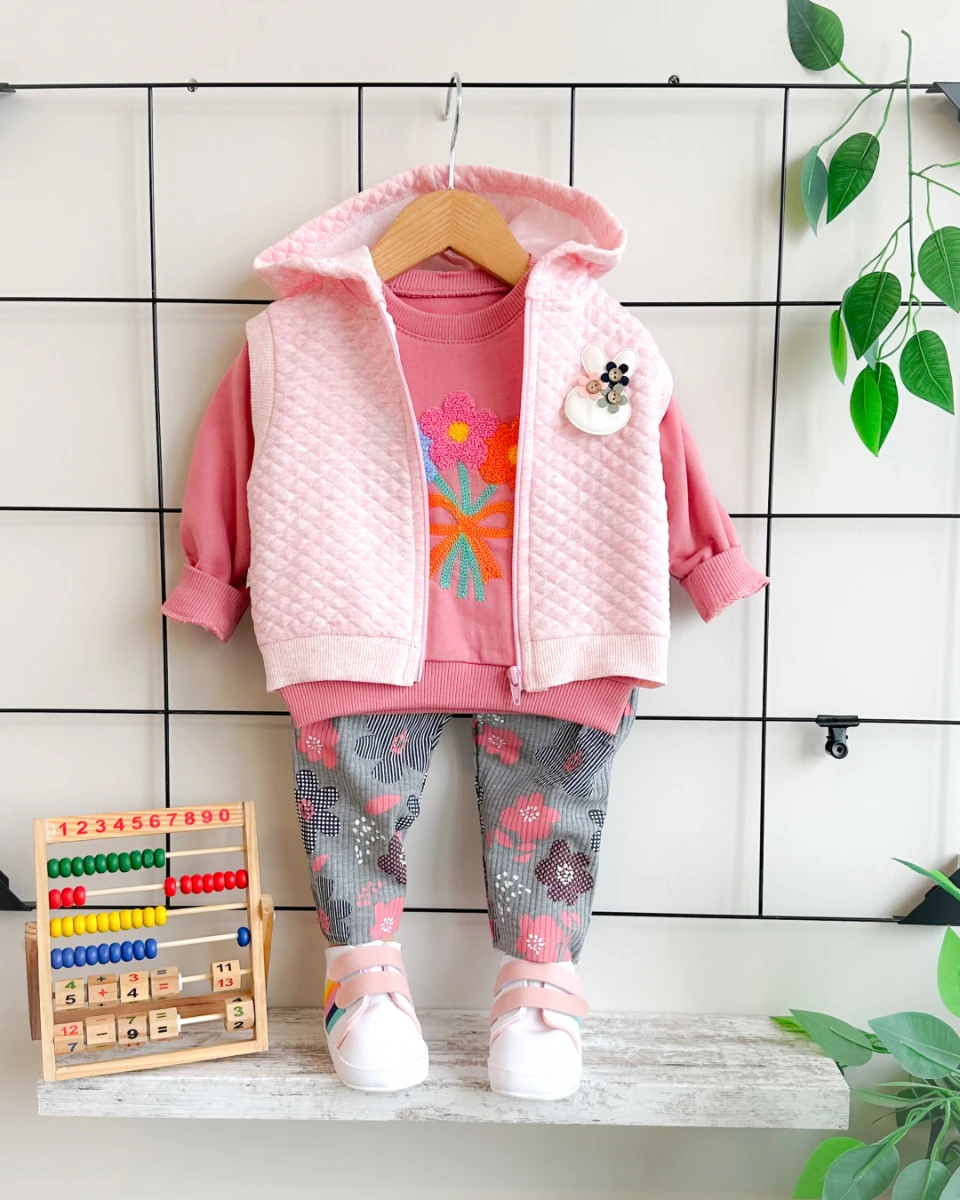 Renkli papatya ve kurdela punch kapüşon yelekli mevsimlik 3 parça takım