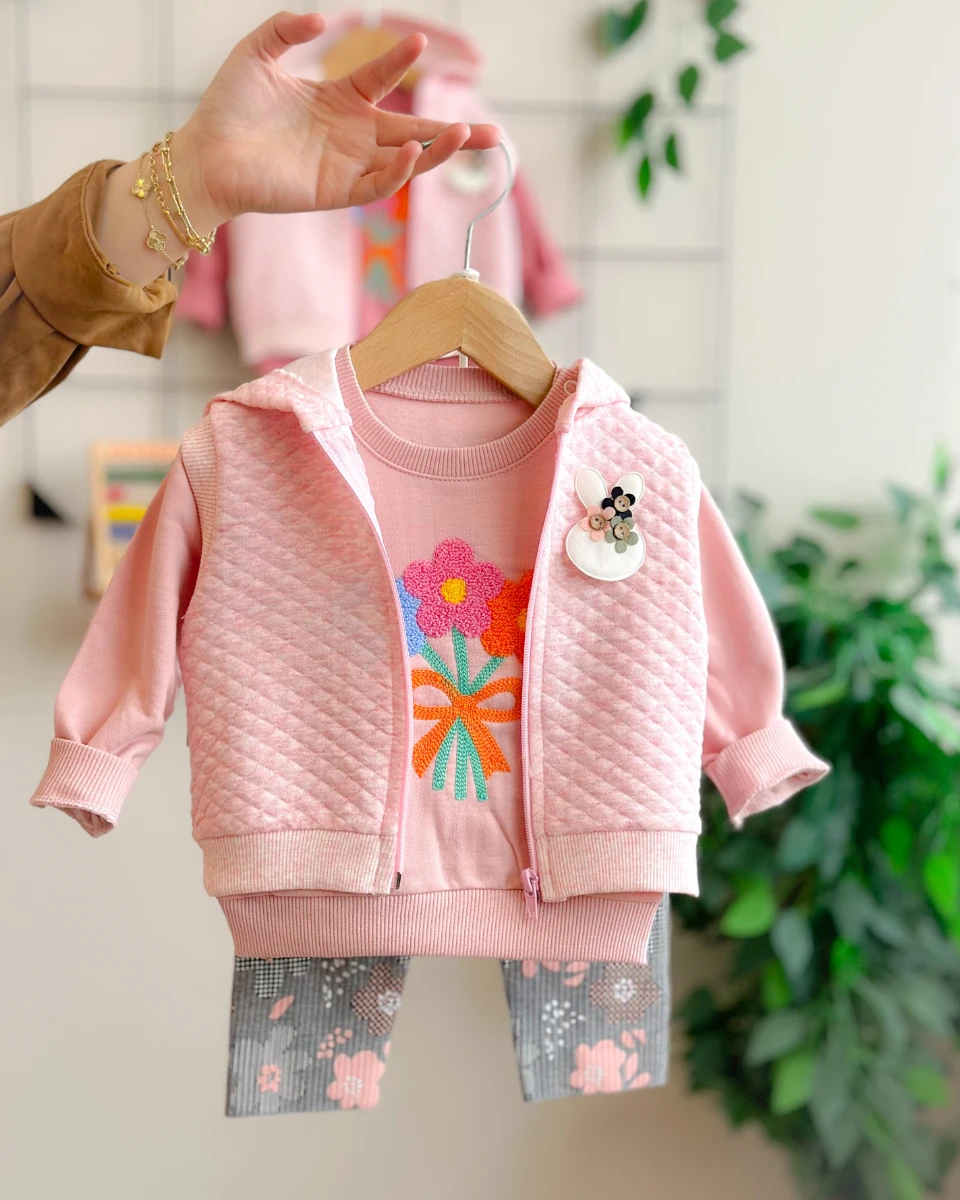 Renkli papatya ve kurdela punch kapüşon yelekli mevsimlik 3 parça takım