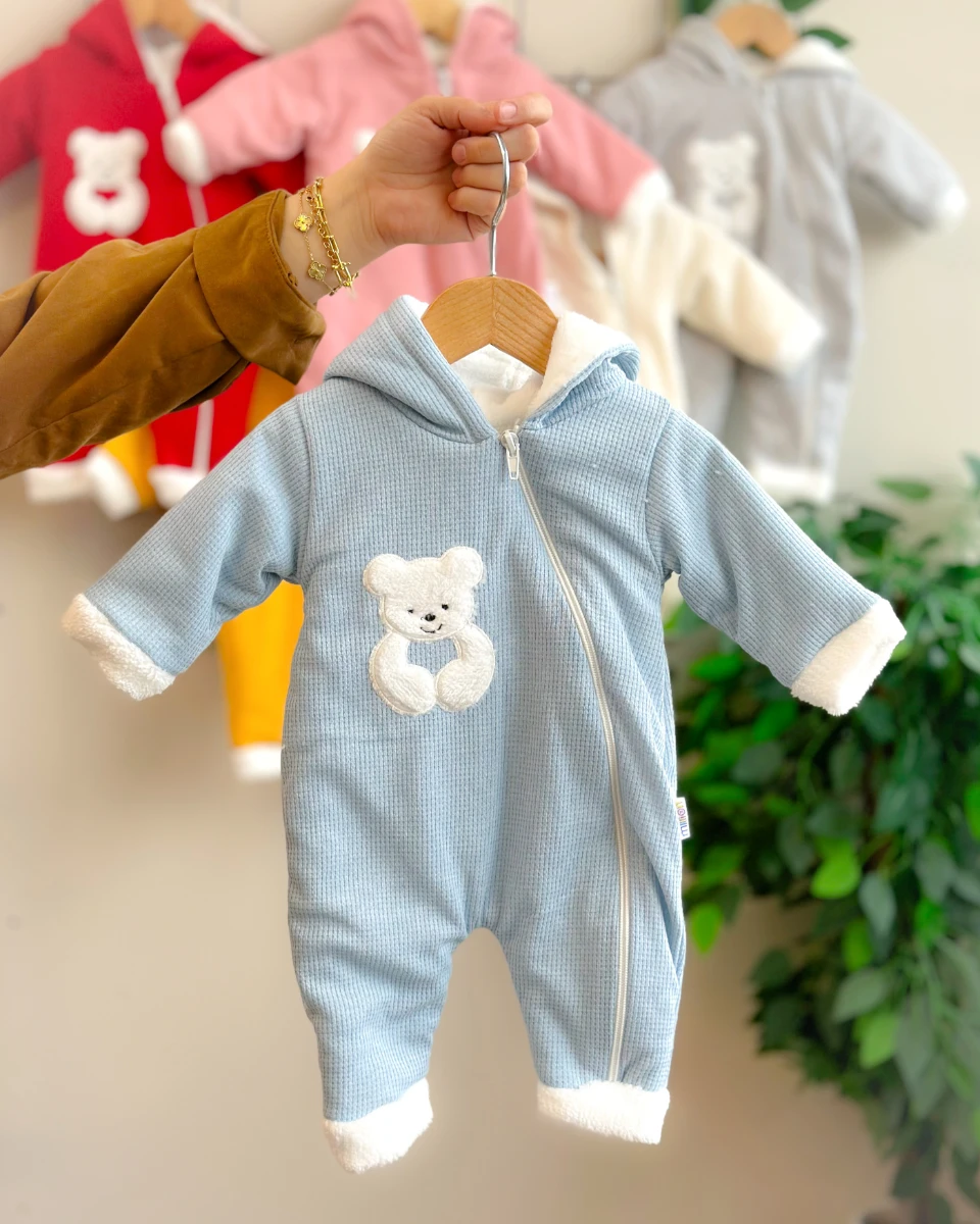 Tombul peluş ayıcık detaylı içi welsoft boydan fermuarlı kışlık dış giyim tulum 