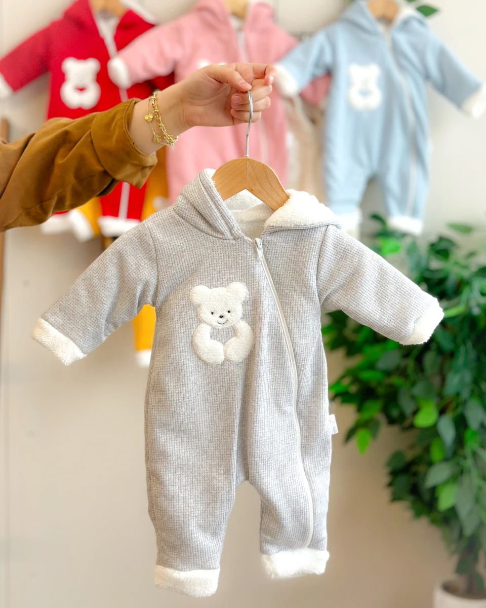 Tombul peluş ayıcık detaylı içi welsoft boydan fermuarlı kışlık dış giyim tulum 