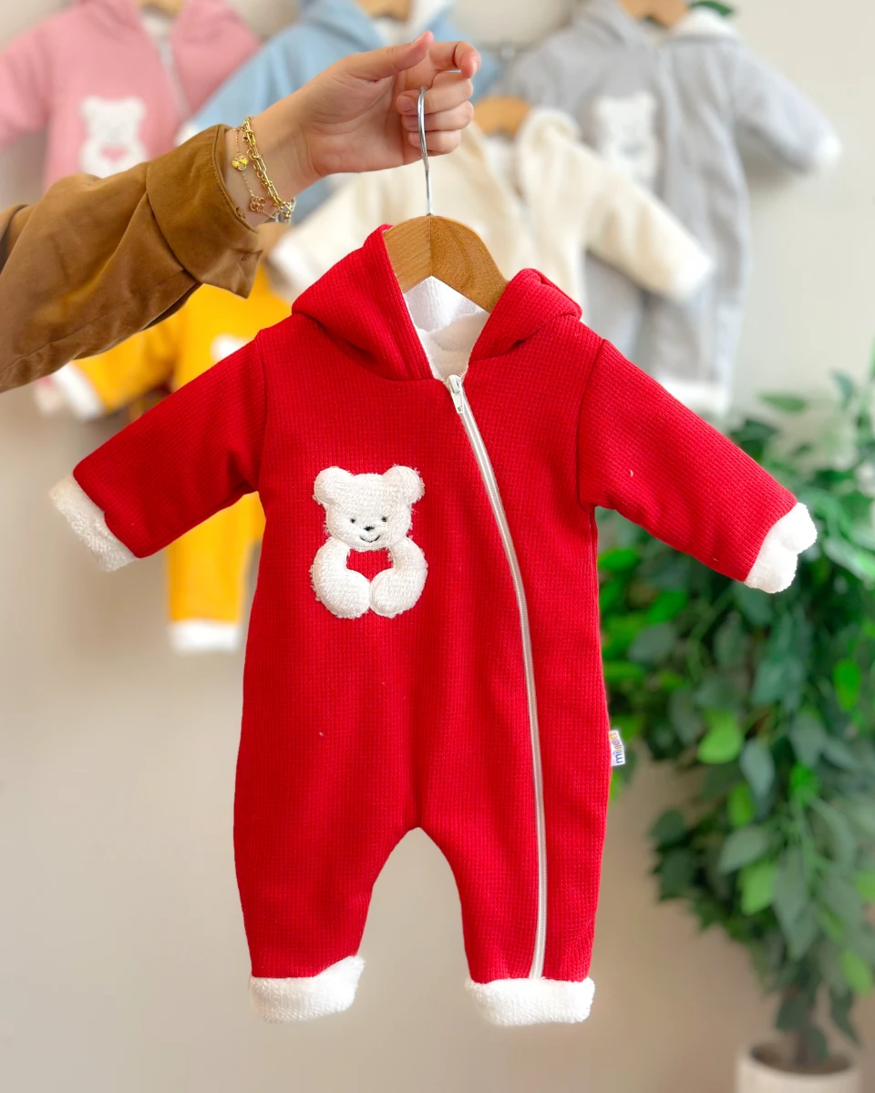 Tombul peluş ayıcık detaylı içi welsoft boydan fermuarlı kışlık dış giyim tulum 