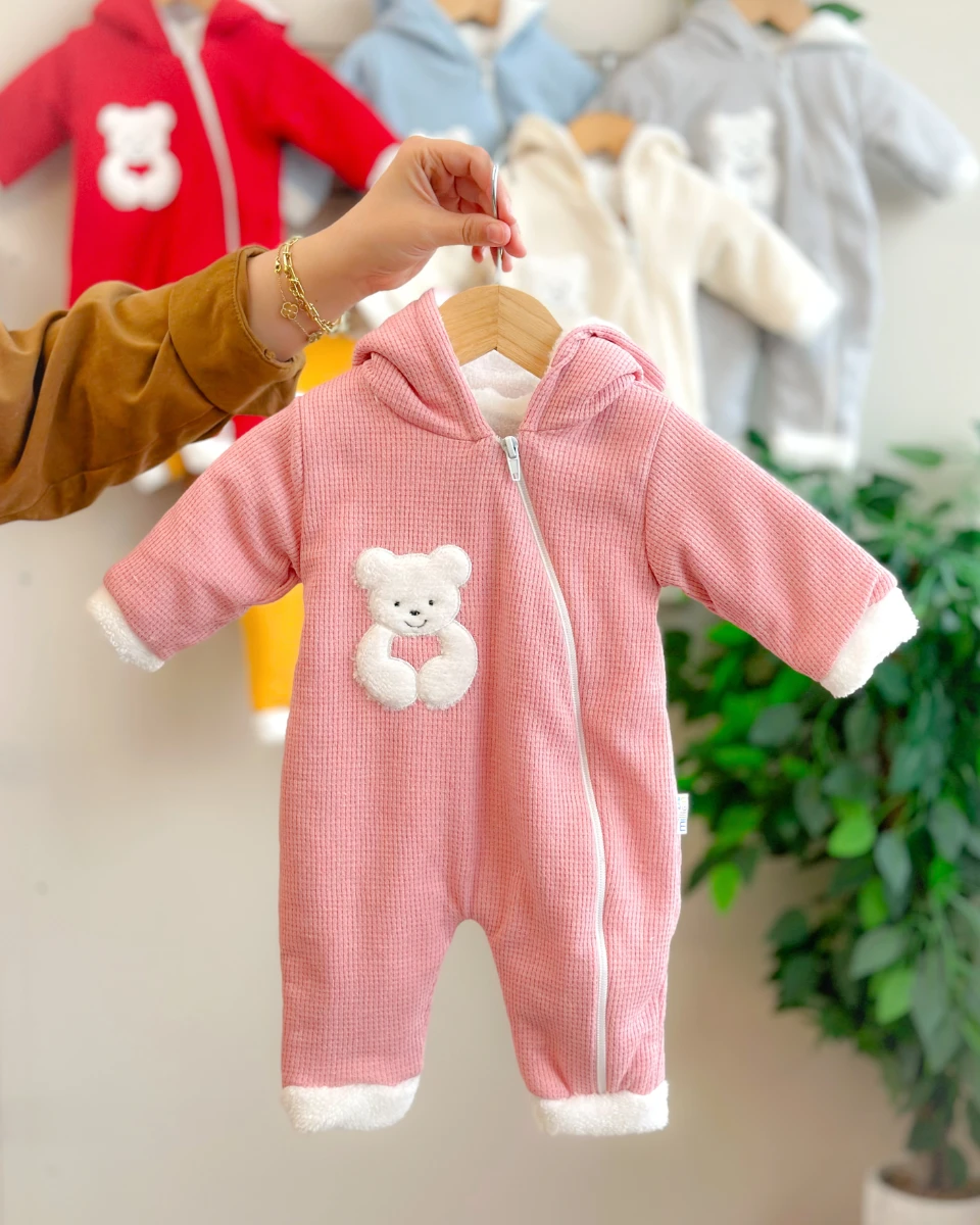 Tombul peluş ayıcık detaylı içi welsoft boydan fermuarlı kışlık dış giyim tulum 