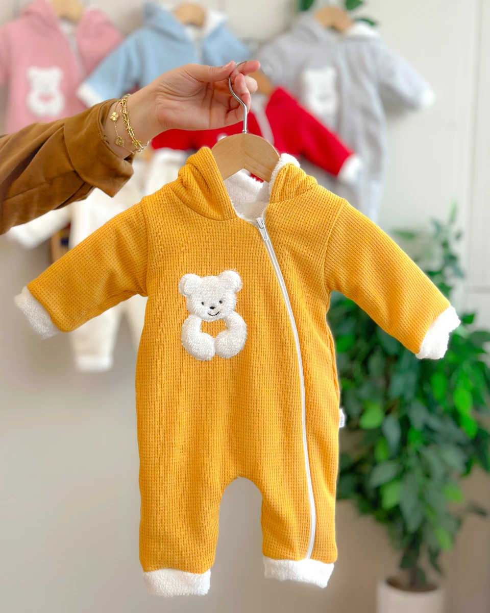 Tombul peluş ayıcık detaylı içi welsoft boydan fermuarlı kışlık dış giyim tulum 