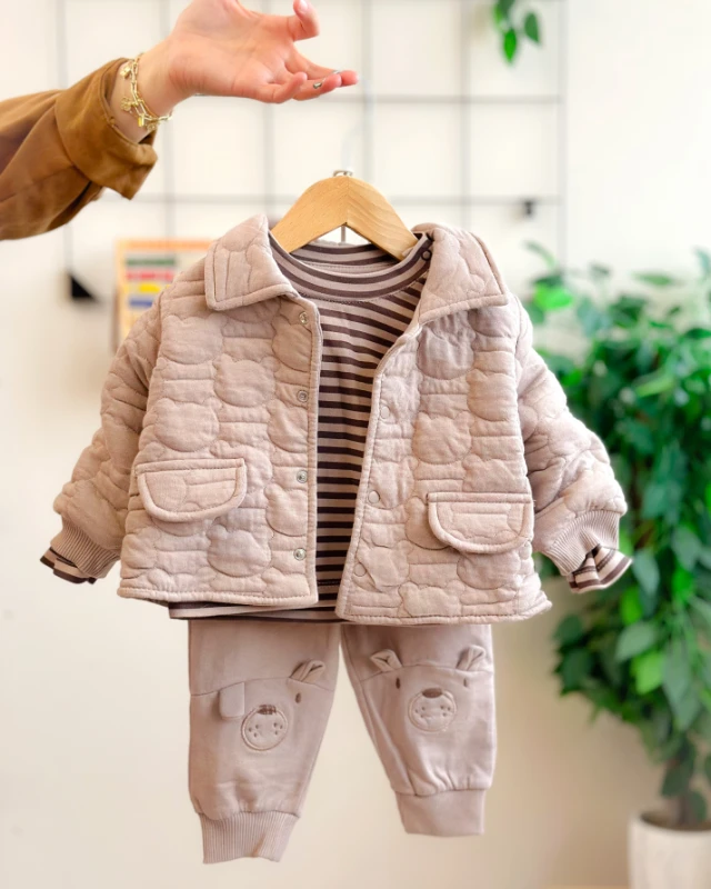 Ayıcık kabartma önden çıtçıt ceketli çizgili sweatli mevsimlik 3lü takım 