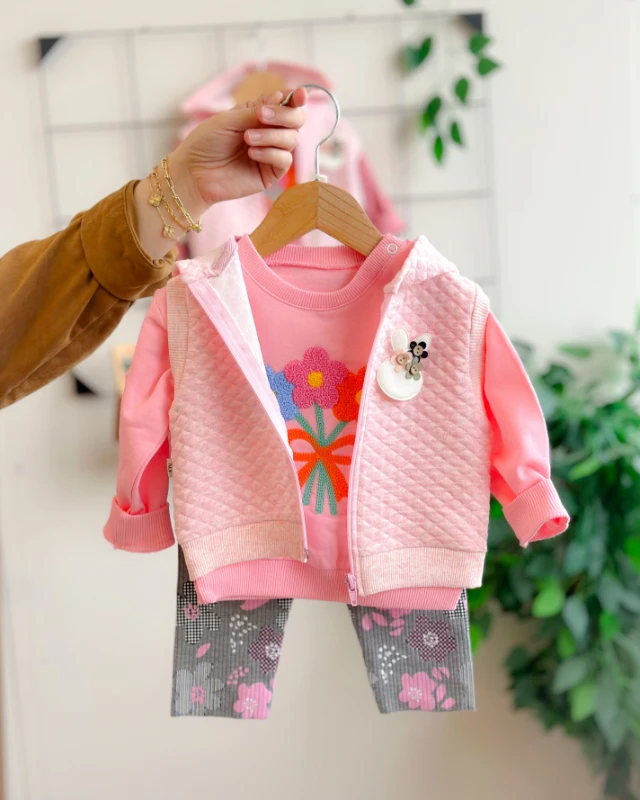 Renkli papatya ve kurdela punch kapüşon yelekli mevsimlik 3 parça takım