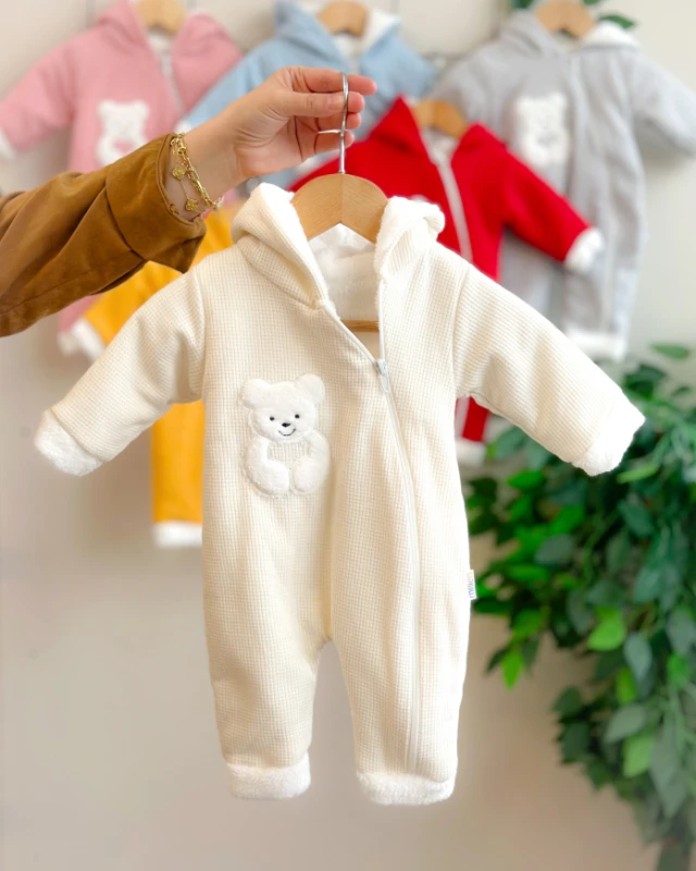 Tombul peluş ayıcık detaylı içi welsoft boydan fermuarlı kışlık dış giyim tulum 