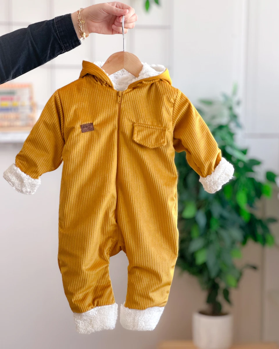 Sahte cep görünümlü dışı kadife içi kürklü kapüşonlu kışlık welsoft tulum