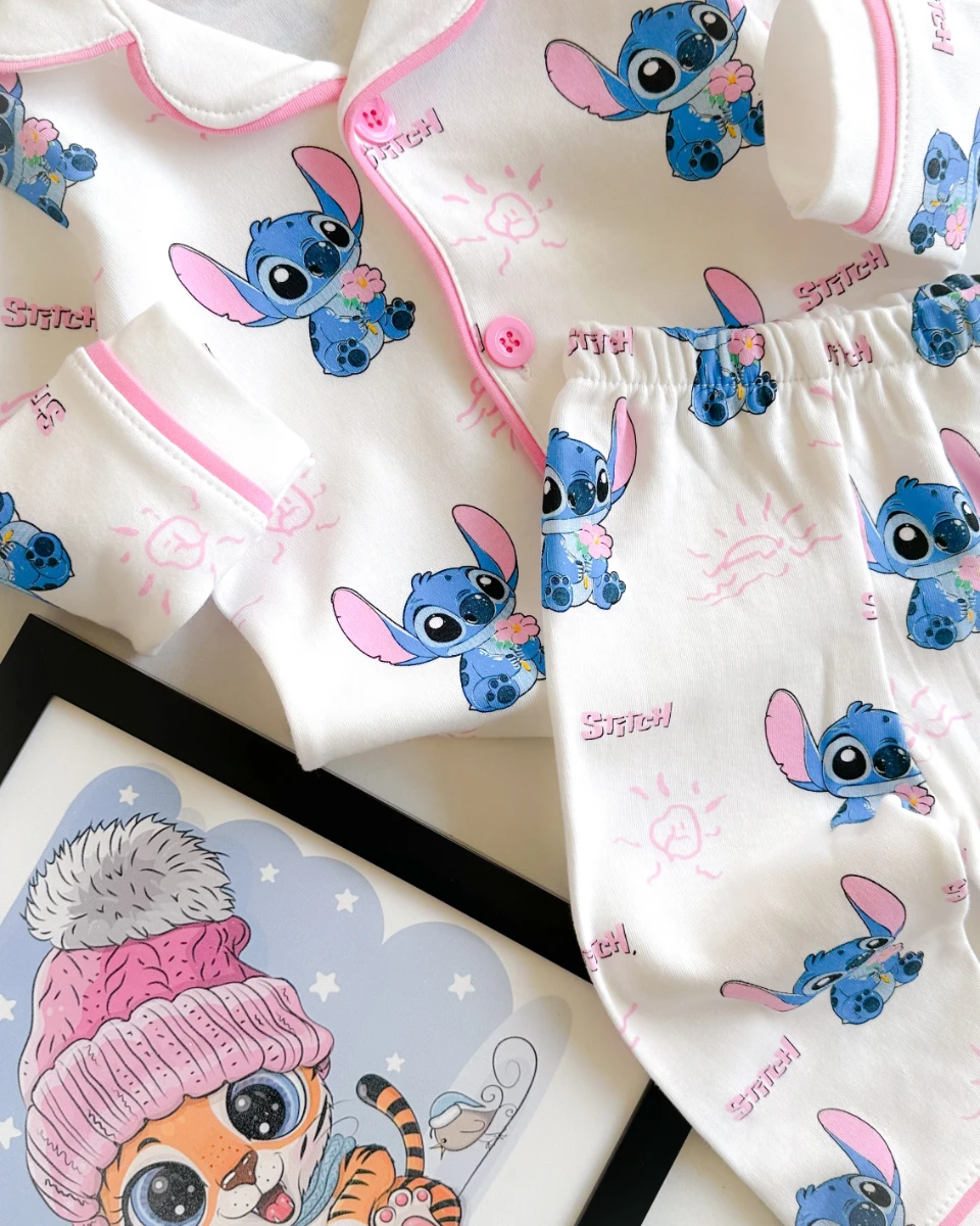 Stitch desen önden düğmeli biye detaylı mevsimlik penye 2li pijama takım
