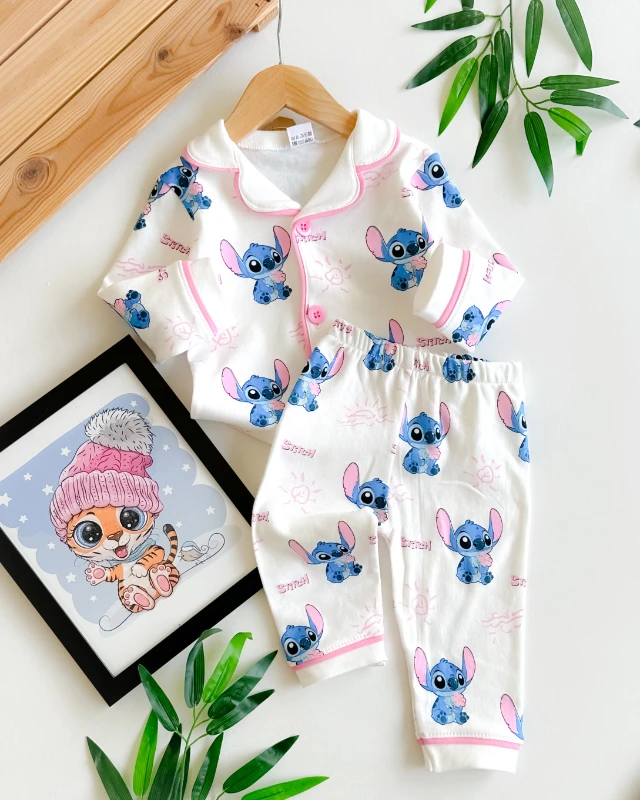 Stitch desen önden düğmeli biye detaylı mevsimlik penye 2li pijama takım