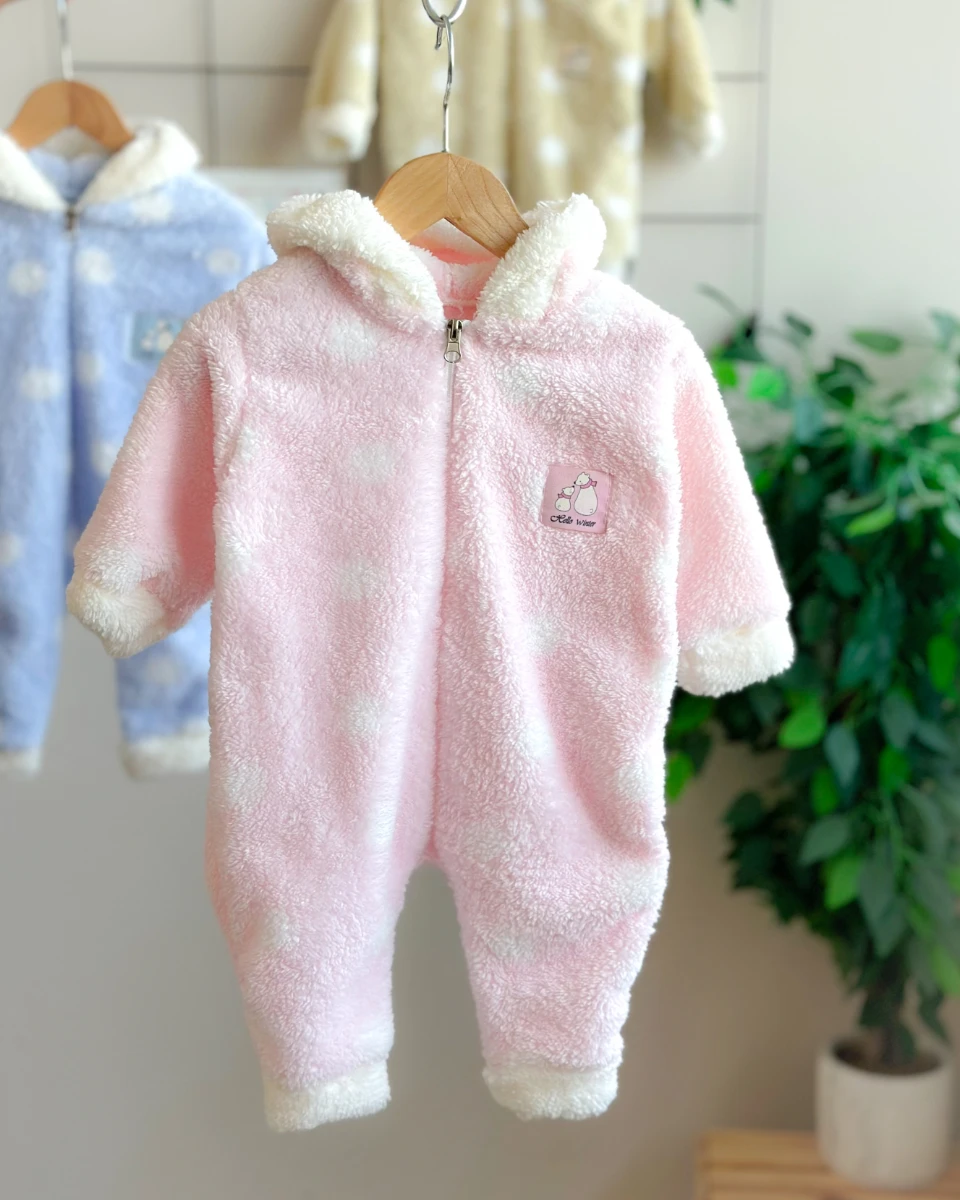 Hello winter iri benekler boydan fermuarlı kapüşonlu welsoft tulum