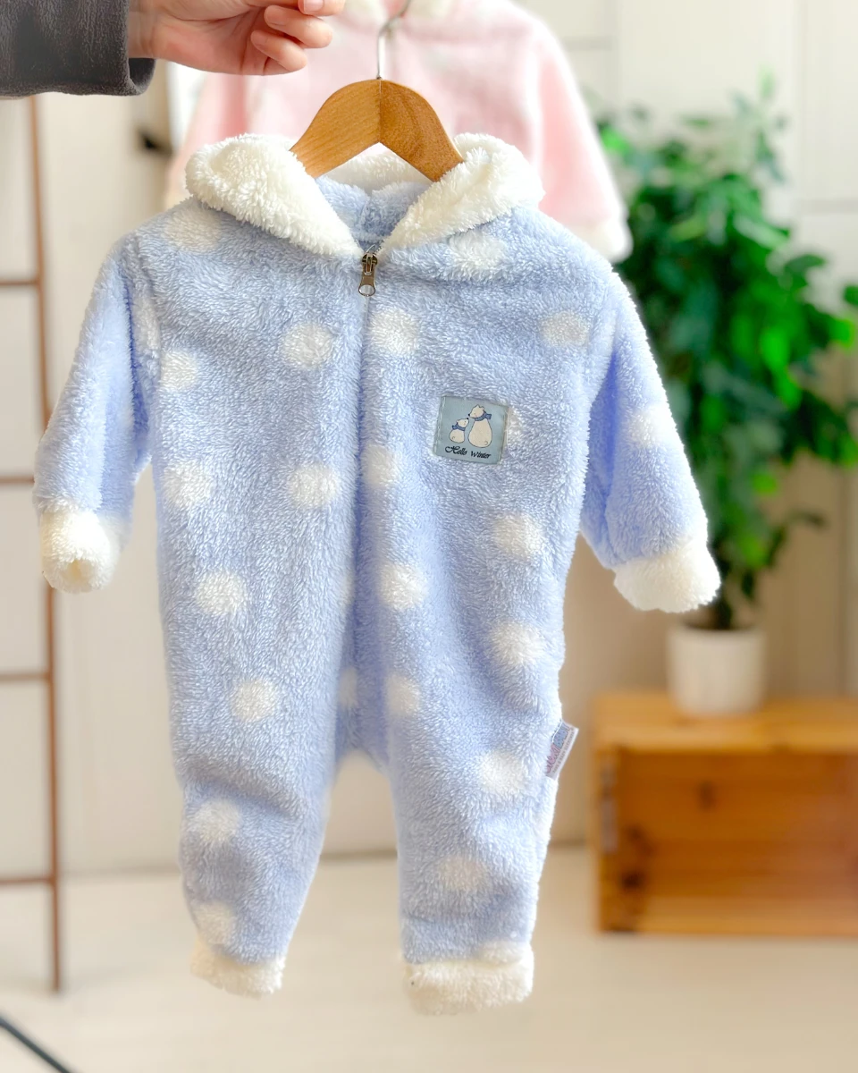 Hello winter iri benekler boydan fermuarlı kapüşonlu welsoft tulum