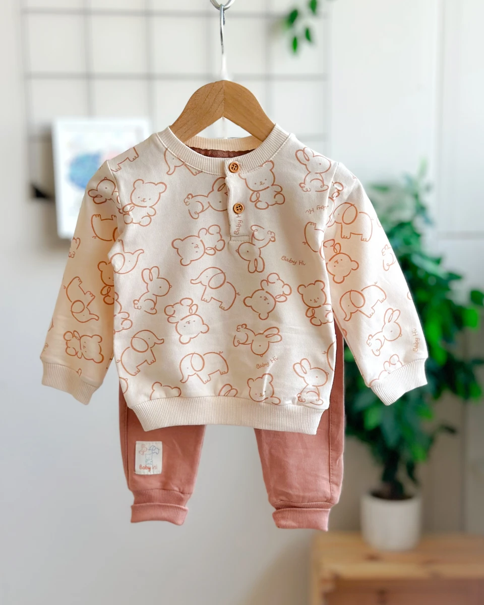 Hi animal baby desen yakadan düğme detaylı mevsimlik 2li takım