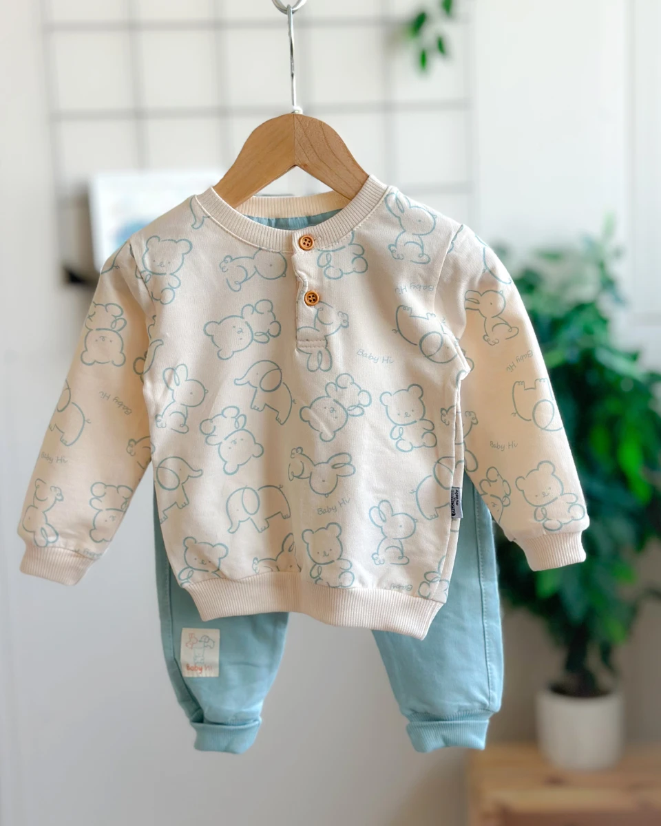 Hi animal baby desen yakadan düğme detaylı mevsimlik 2li takım