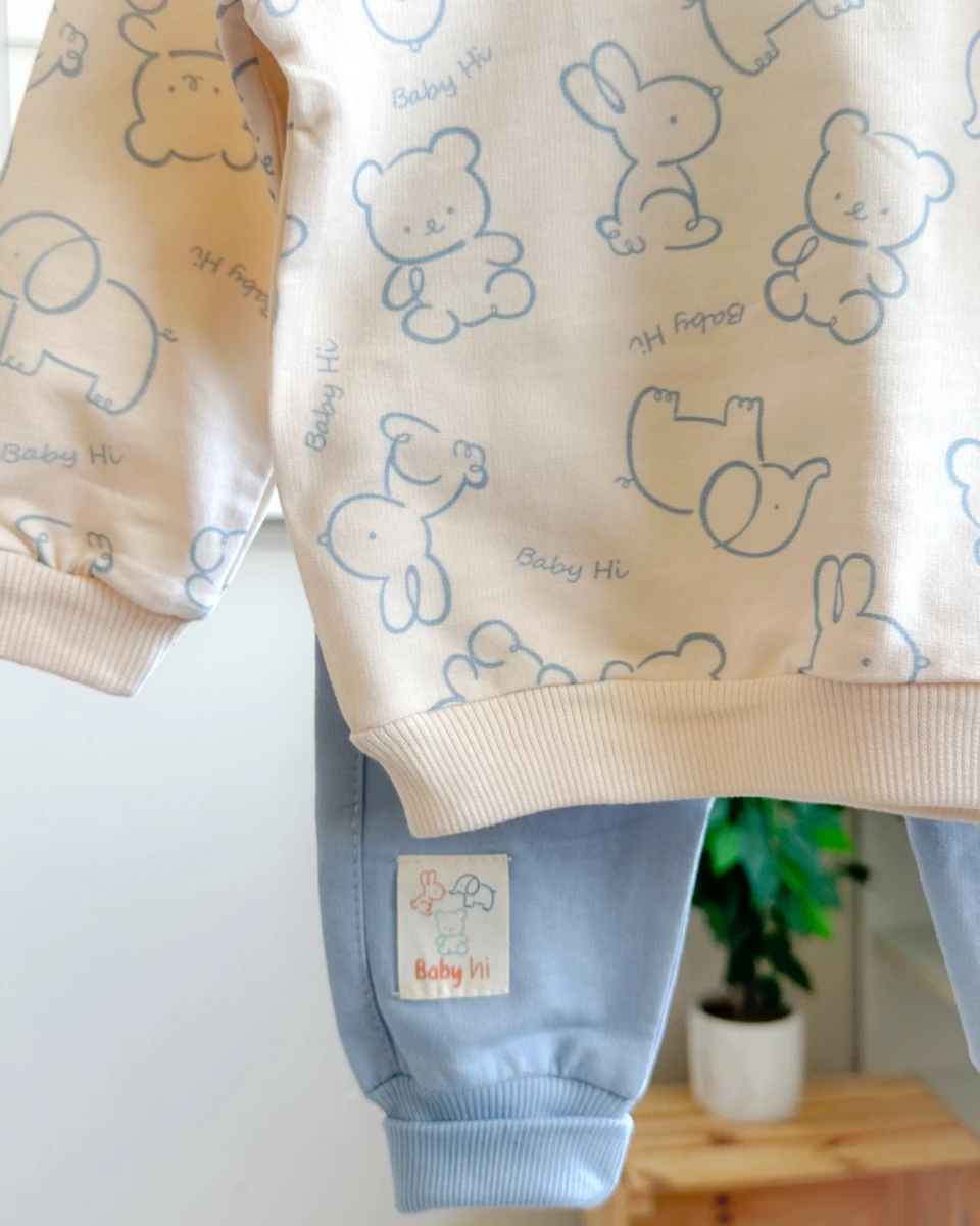 Hi animal baby desen yakadan düğme detaylı mevsimlik 2li takım