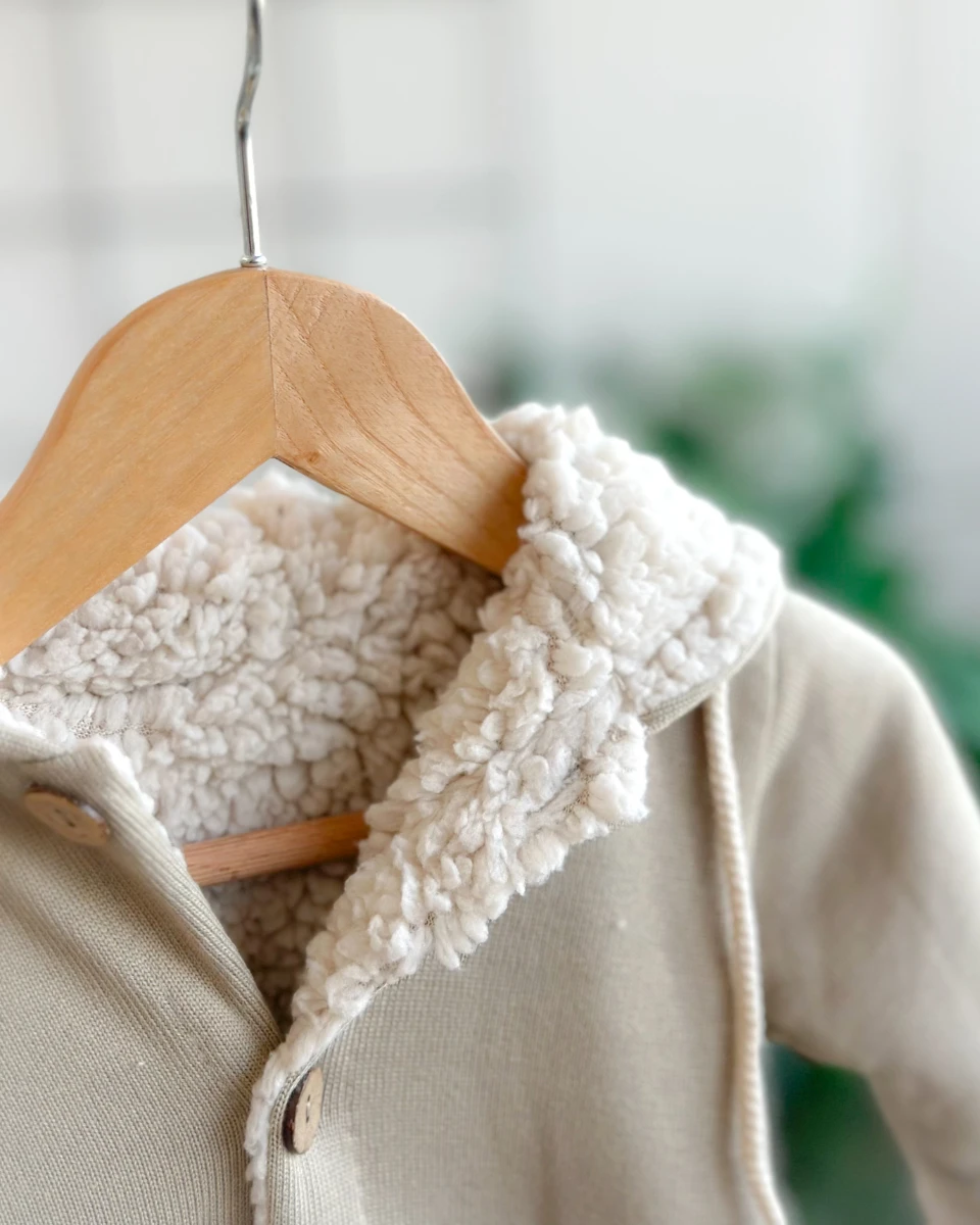 Kürklü tavşan kulak kapüşonlu boydan ahşap düğmeli kışlık tulum