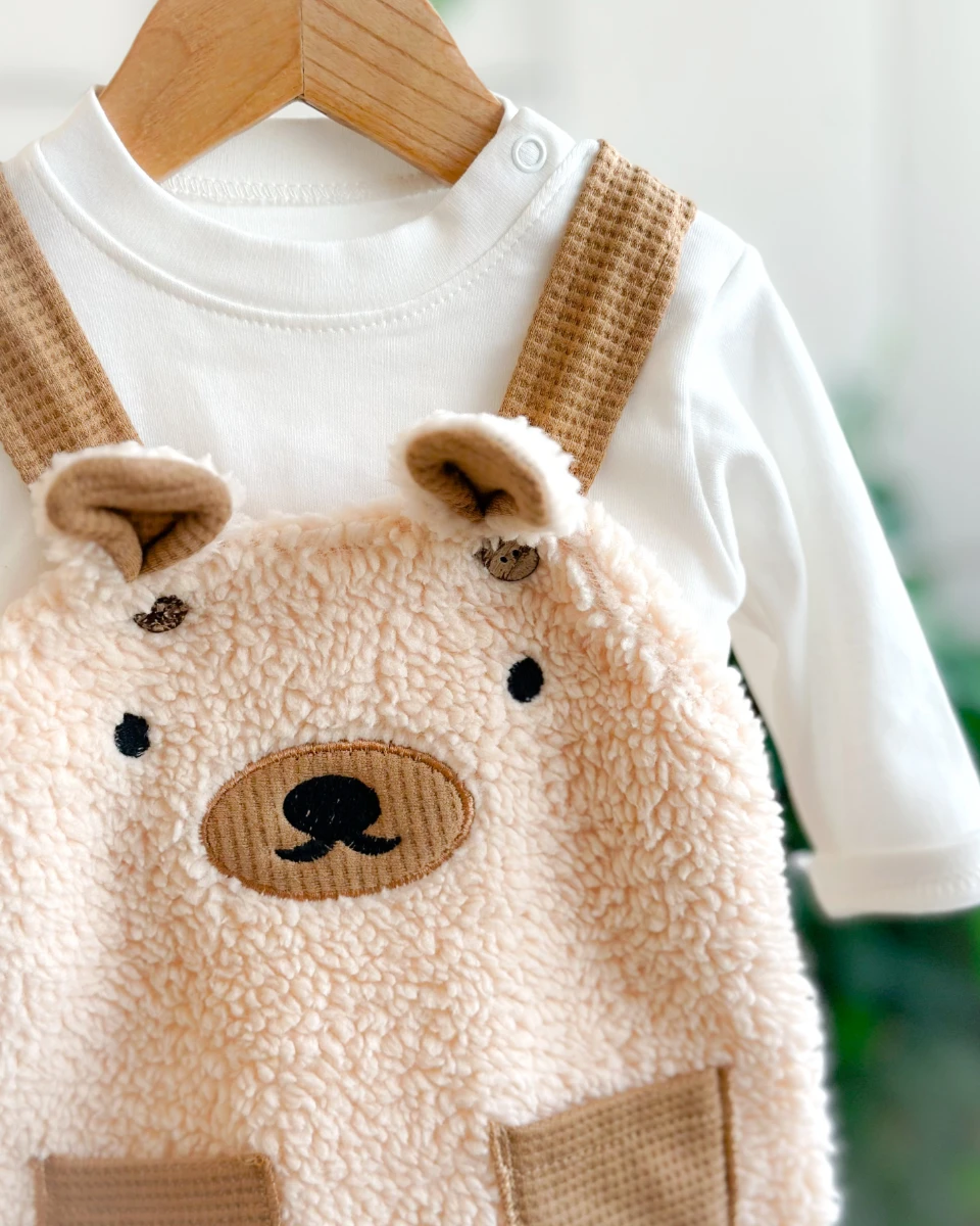 Waffle kumaş cepli askılı peluş kışlık 2 parça salopet set 