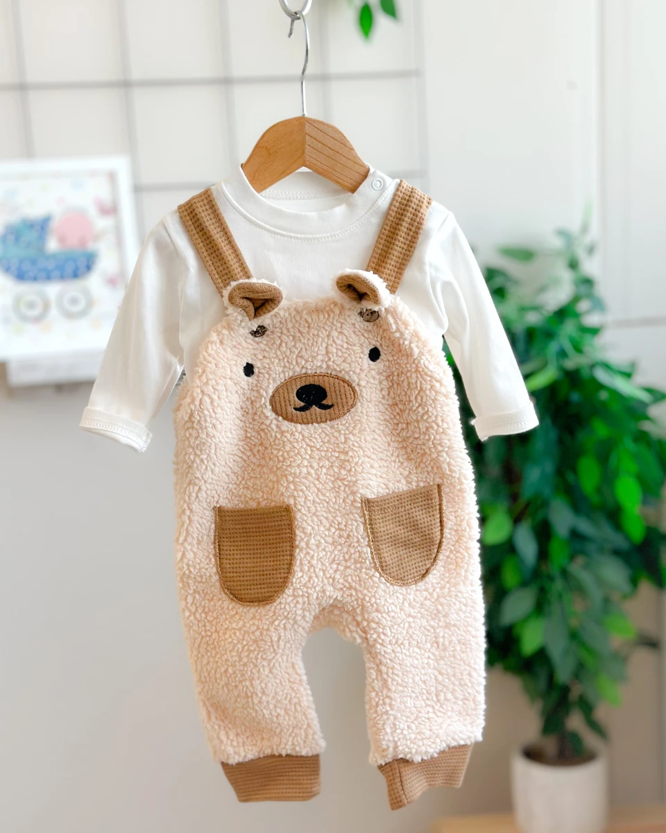 Waffle kumaş cepli askılı peluş kışlık 2 parça salopet set 