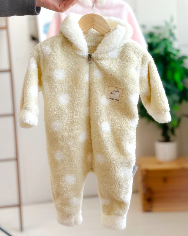 Hello winter iri benekler boydan fermuarlı kapüşonlu welsoft tulum