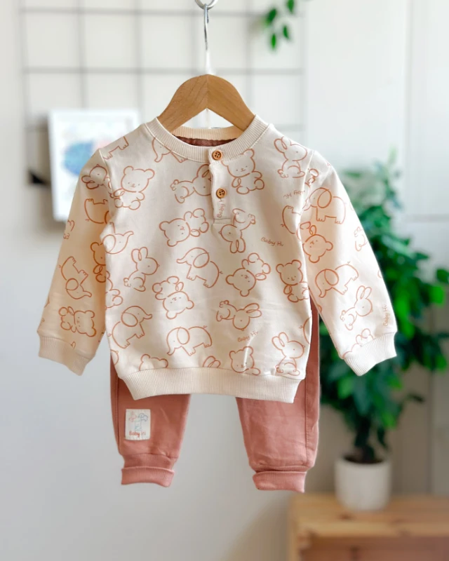 Hi animal baby desen yakadan düğme detaylı mevsimlik 2li takım