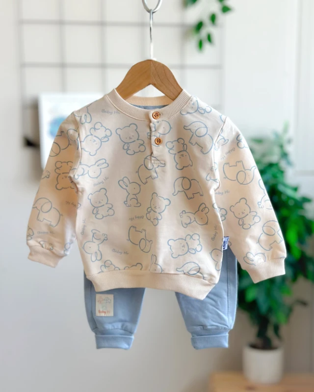 Hi animal baby desen yakadan düğme detaylı mevsimlik 2li takım