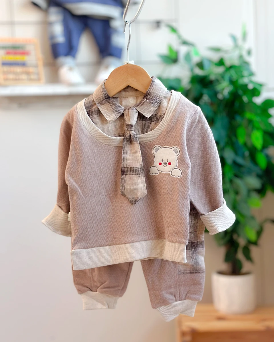 Çıkarılabilir kravatlı sevimli ayıcık nakışlı gömlek görünümlü mevsimlik 3 parça takım