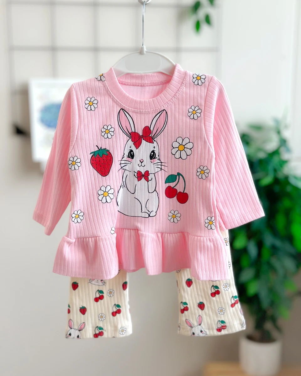 Kırmızı papyonlu tavşan baskı detaylı fitilli tayt mevsimlik 2 parça takım