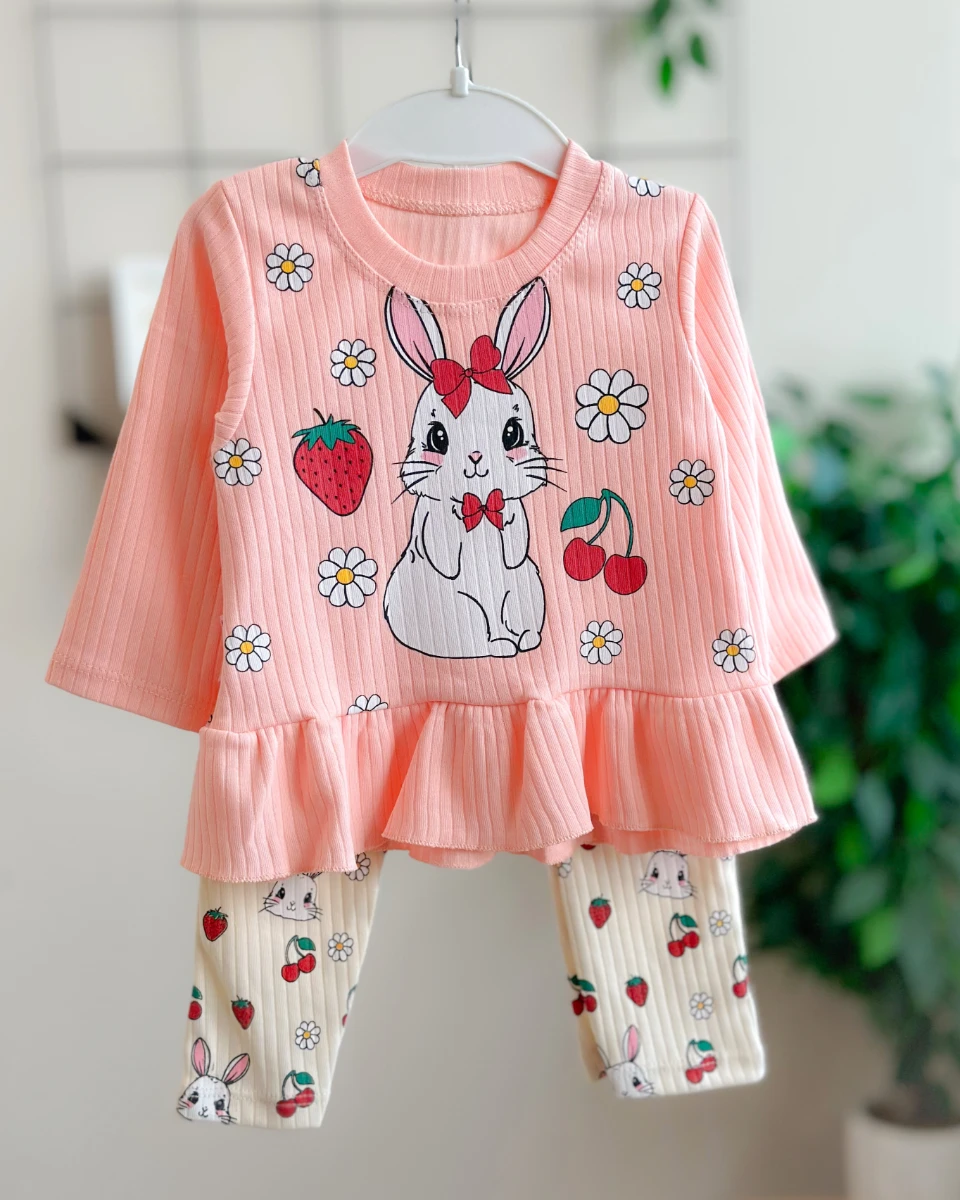 Kırmızı papyonlu tavşan baskı detaylı fitilli tayt mevsimlik 2 parça takım