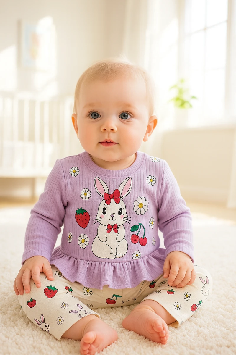 Kırmızı papyonlu tavşan baskı detaylı fitilli tayt mevsimlik 2 parça takım